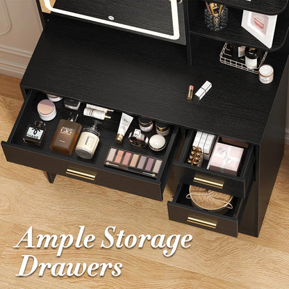 Vanity Desk with Mirror and Lights, Makeup Vanity Desk with Drawers &amp; Cabinet, Vanities with Upholstered Chair, Black Makeup Table with Storage Shelves, Girls Dressing Table for Bedroom