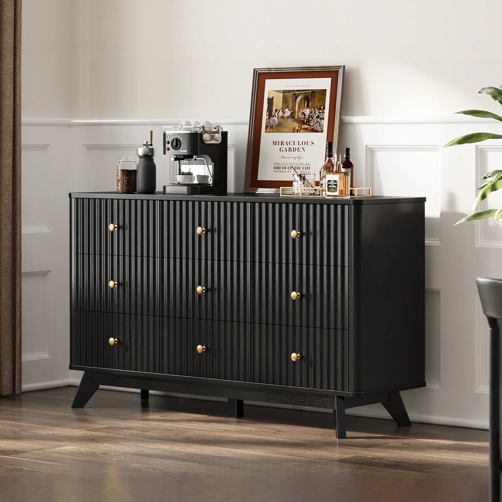 9 Drawer Dresser for Bedroom, Fluted Black Dresser for Storage, 52.8" Wood Dressers &amp; Chests of Drawers for Closet, Living Room, Entryway