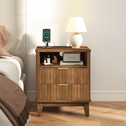 Night Stand with Charger Station, Fluted Nightstand with 2 Drawers and Storage Shelf, Mid Century Modern End Table for Bedroom Living Room
