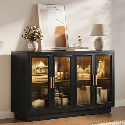 CURLA 55.1" Sideboard Buffet Cabinet with Storage,  Wood Kitchen Cabinet with 4 Fluted Doors, Large Buffet Table, Credenza Coffee Bar for Dining Living Room
