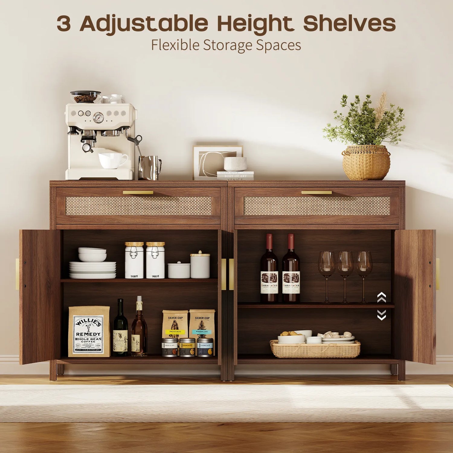 Rattan Buffet Cabinet with Storage, Sideboard Cabinet with Doors and Shelves, Accent Storage Cabinet with Drawers, Wood Coffee Bar for Kitchen