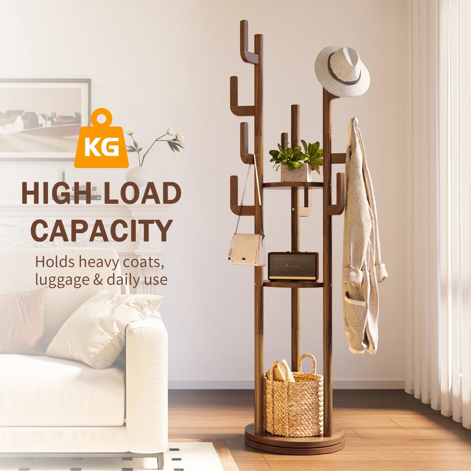 Rotary Coat Rack Freestanding, Solid Wood Coat Tree with 9 Hooks &amp; 3 Open Shelves for Corner, Entryway, Hall Tree for Purse, Bag, Jacket, Hat