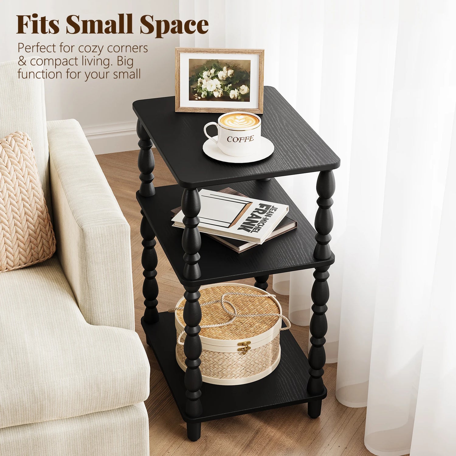 Maliowa Small Side Table with 3-Tier Shelf, Narrow Wood End Table for Small Spaces, Living Room Bedroom