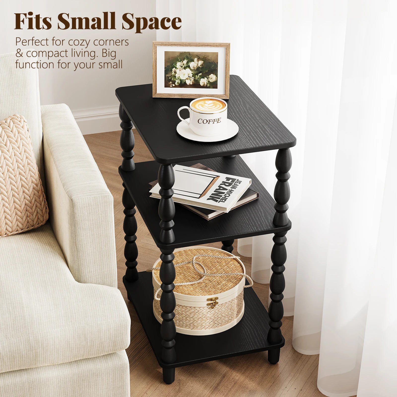 Maliowa Small Side Table with 3-Tier Shelf, Narrow Wood End Table for Small Spaces, Living Room Bedroom