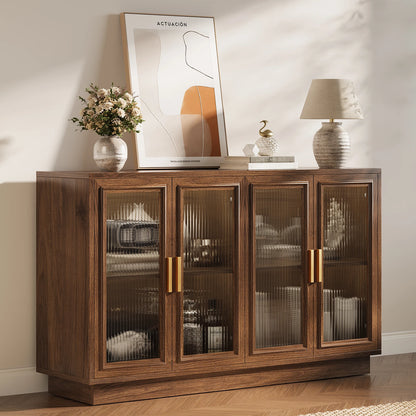 CURLA 55.1" Sideboard Buffet Cabinet with Storage,  Wood Kitchen Cabinet with 4 Fluted Doors, Large Buffet Table, Credenza Coffee Bar for Dining Living Room