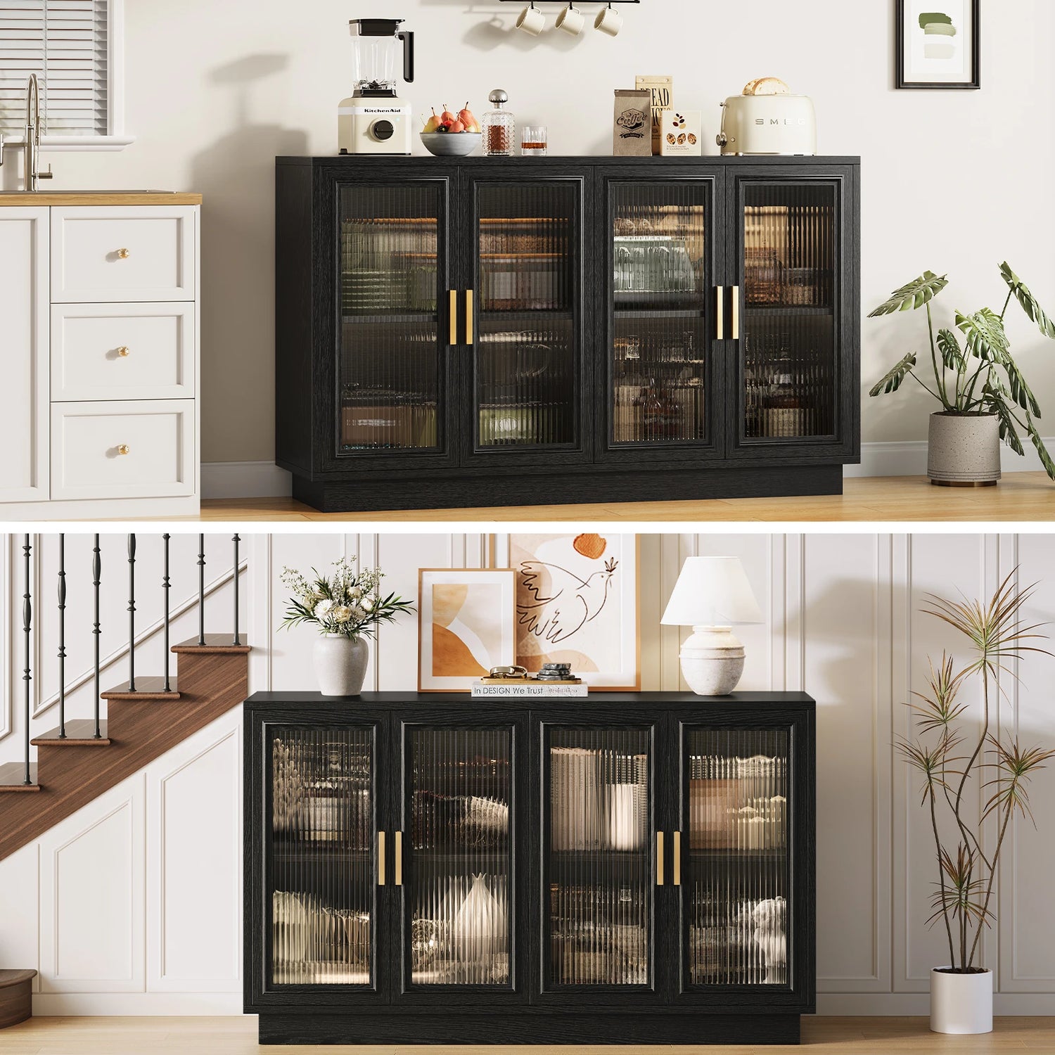 CURLA 55.1" Sideboard Buffet Cabinet with Storage,  Wood Kitchen Cabinet with 4 Fluted Doors, Large Buffet Table, Credenza Coffee Bar for Dining Living Room