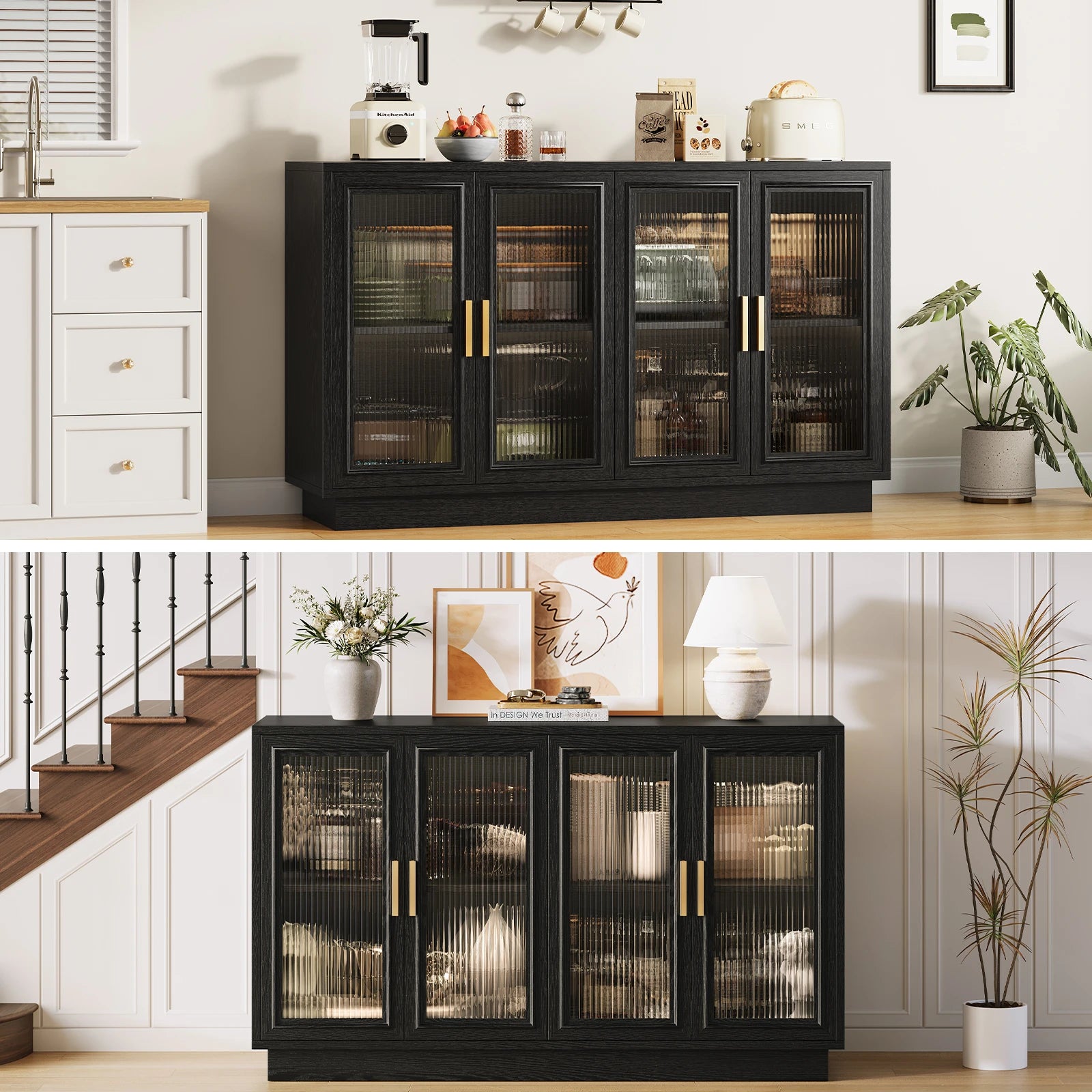 CURLA 55.1" Sideboard Buffet Cabinet with Storage,  Wood Kitchen Cabinet with 4 Fluted Doors, Large Buffet Table, Credenza Coffee Bar for Dining Living Room