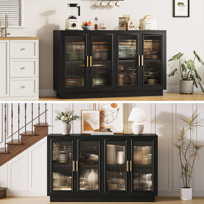 CURLA 55.1" Sideboard Buffet Cabinet with Storage,  Wood Kitchen Cabinet with 4 Fluted Doors, Large Buffet Table, Credenza Coffee Bar for Dining Living Room