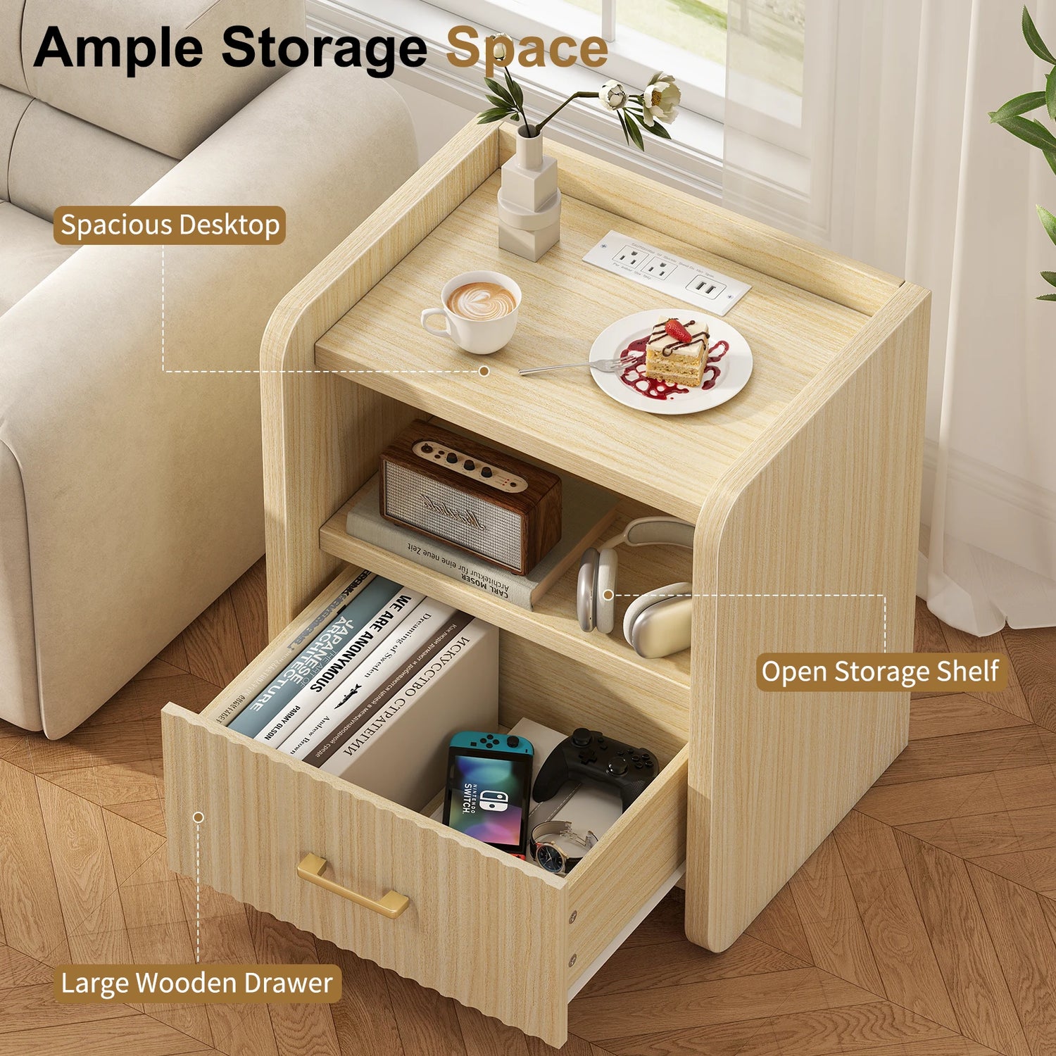 Fluted Nightstand with Charging Station,Wood Bedside Table Night Stand with Drawer and Open Shelf,Modern End Side Table for Bedroom Living Room