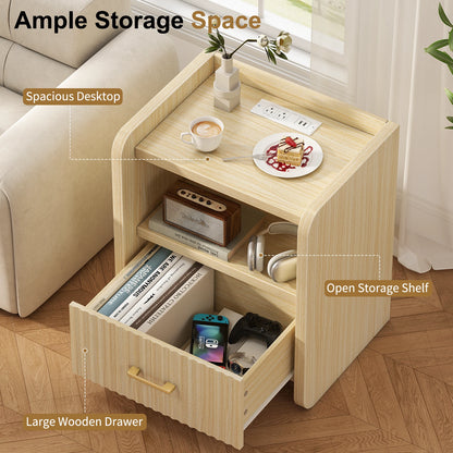 Fluted Nightstand with Charging Station,Wood Bedside Table Night Stand with Drawer and Open Shelf,Modern End Side Table for Bedroom Living Room