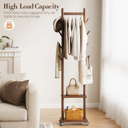 Solid Wood Coat Rack Freestanding, Rolling Clothes Rack with Wheels, Clothing Rack with 8 Hooks &amp; Shelevs, Clothing Racks for Hanging Clothes