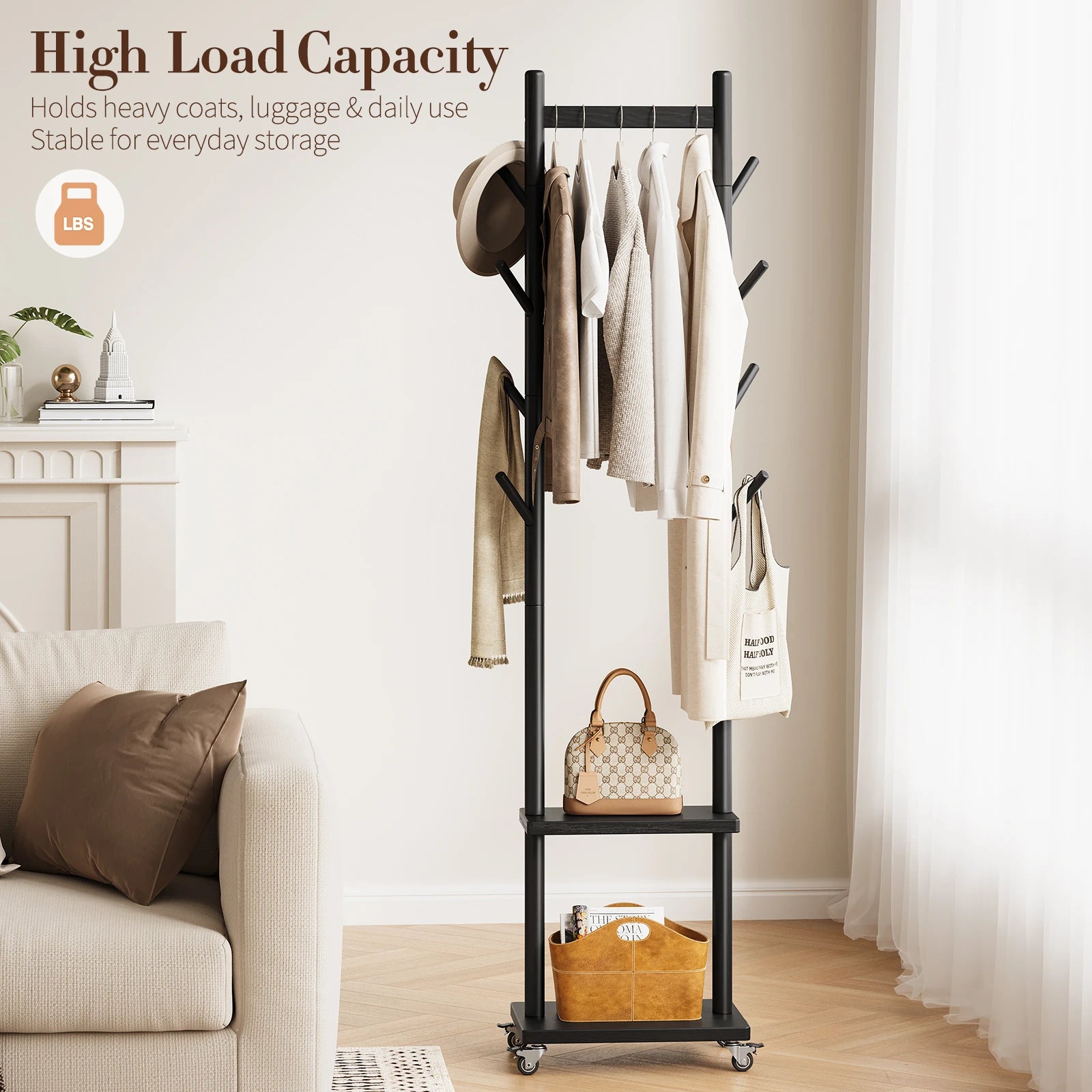 Solid Wood Coat Rack Freestanding, Rolling Clothes Rack with Wheels, Clothing Rack with 8 Hooks &amp; Shelevs, Clothing Racks for Hanging Clothes