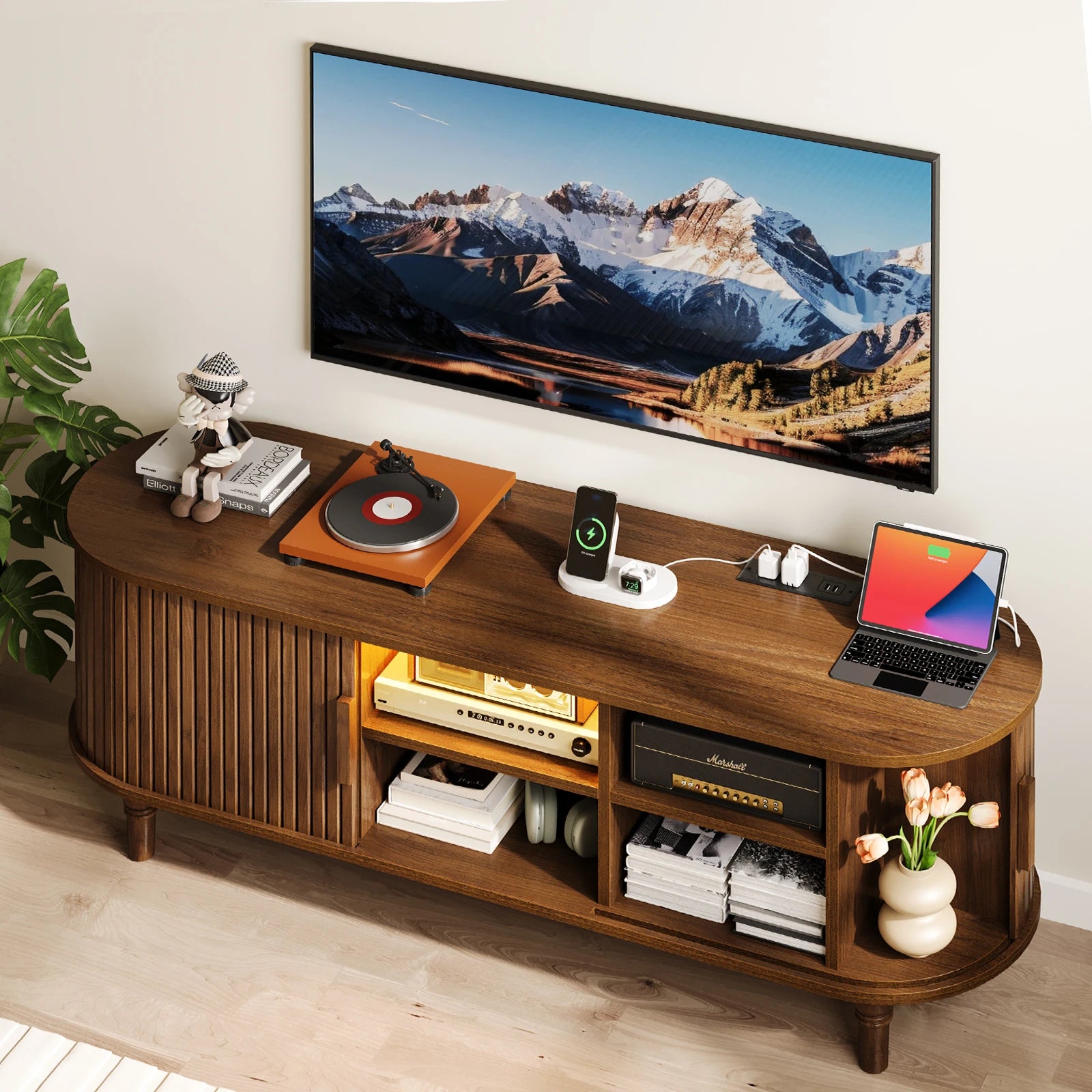 CURLA 55" TV Stand with Power Outlet, Entertainment Center with Sliding Tambour Door, Modern TV Stands for Living Room Bedroom, LED Media Console