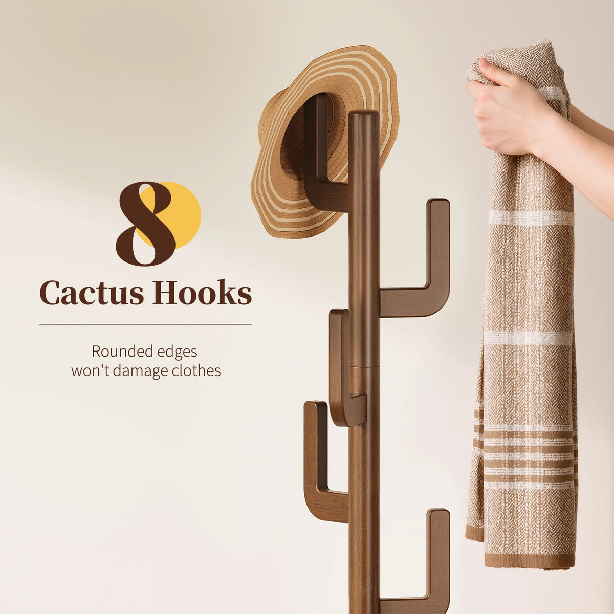 Maliowa Solid Wood Coat Rack Freestanding, Cactus Coat Tree with 8 Hooks for Jacket, Hat, Clothes, Coat Hanger Stand for Hall, Entryway, Bedroom
