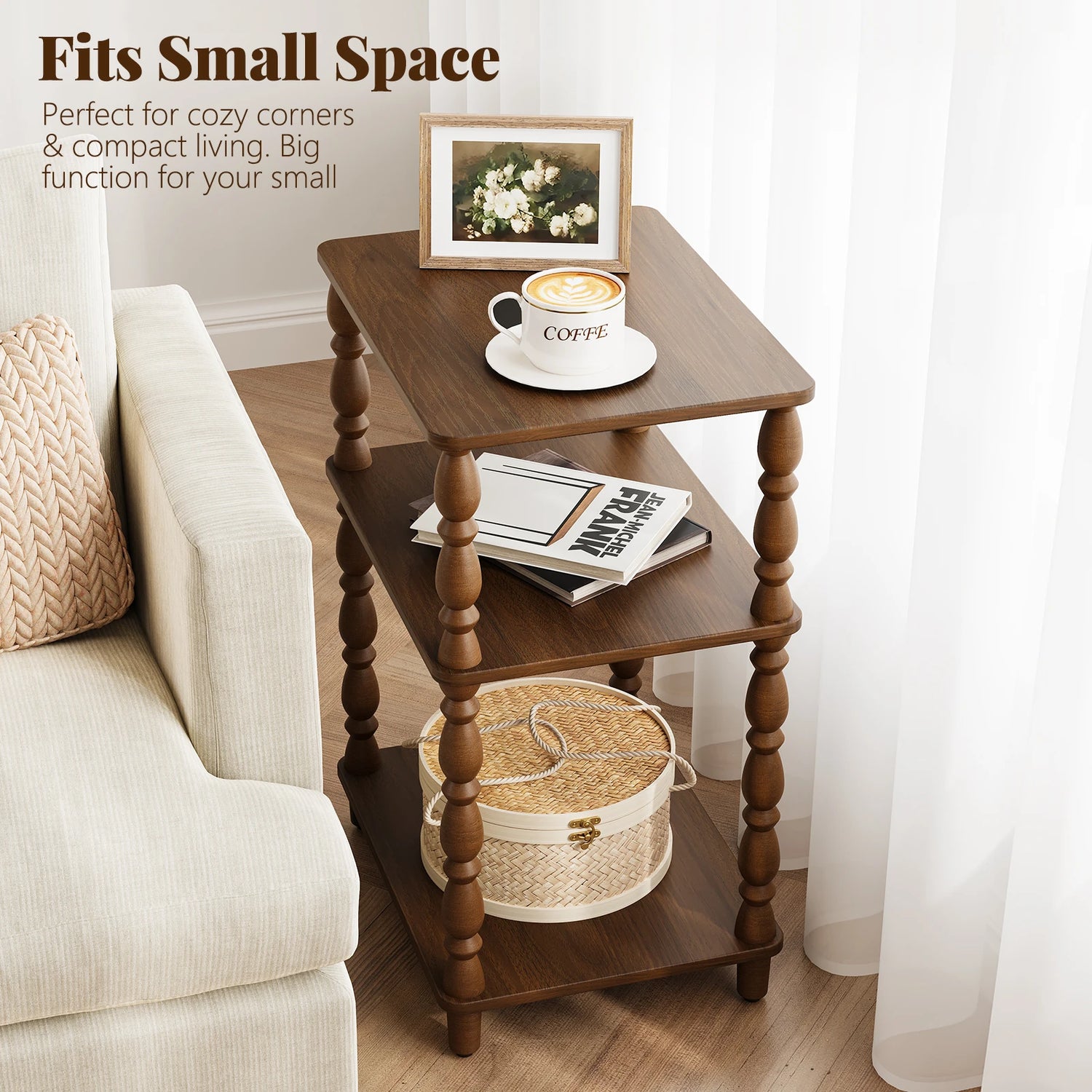 Maliowa Small Side Table with 3-Tier Shelf, Narrow Wood End Table for Small Spaces, Living Room Bedroom