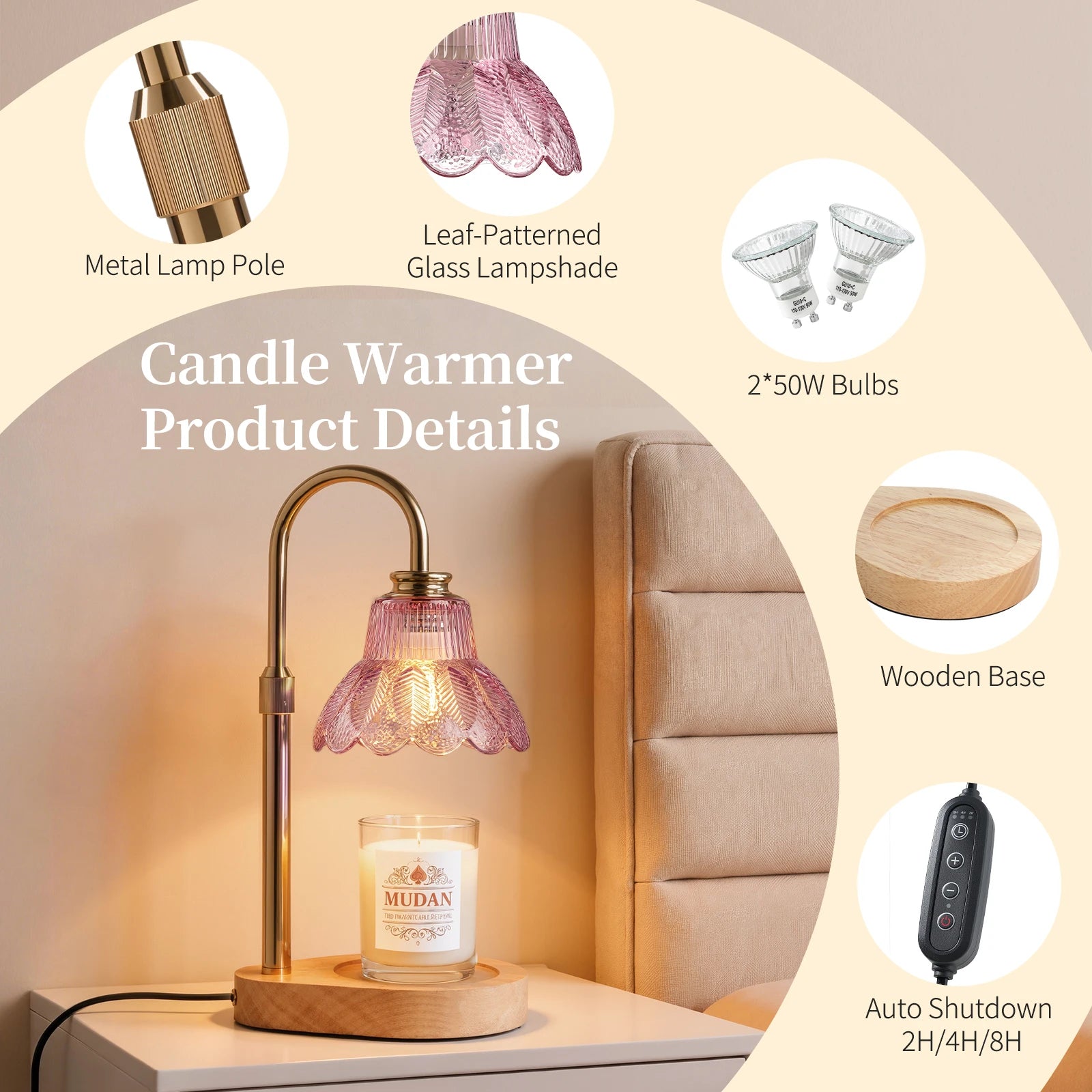 Maliowa Candle Warmer Lamp with Timer Dimmable, Electric Candle Warmer with Adjustable Height, Gifts for Women Mother&