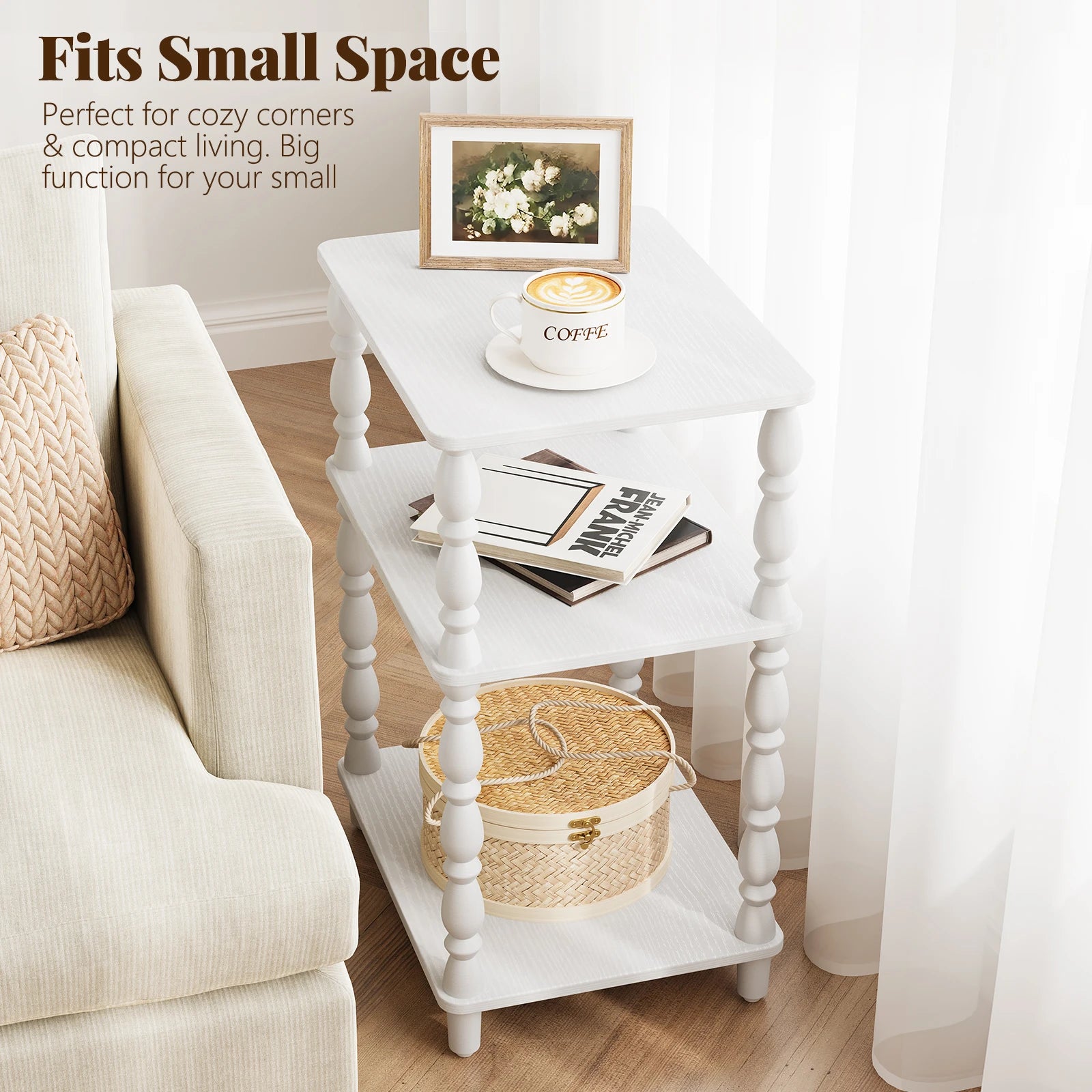 Maliowa Small Side Table with 3-Tier Shelf, Narrow Wood End Table for Small Spaces, Living Room Bedroom