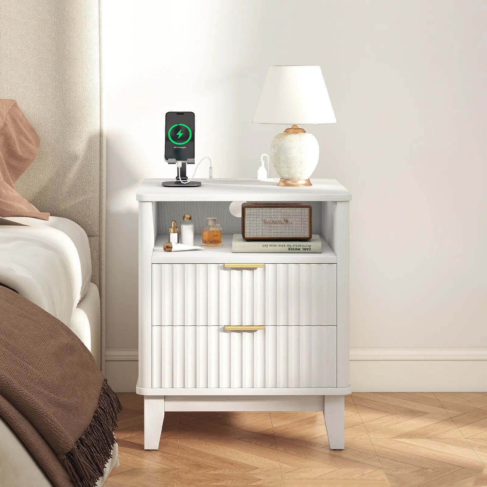 Night Stand with Charger Station, Fluted Nightstand with 2 Drawers and Storage Shelf, Mid Century Modern End Table for Bedroom Living Room
