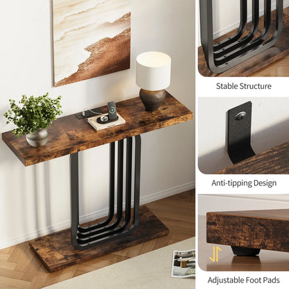 Narrow Console Table with Outlet, Industrial Entryway Table with Unique Base, Small Sofa Table, behind couch table for Entry Way Living Room,Brown