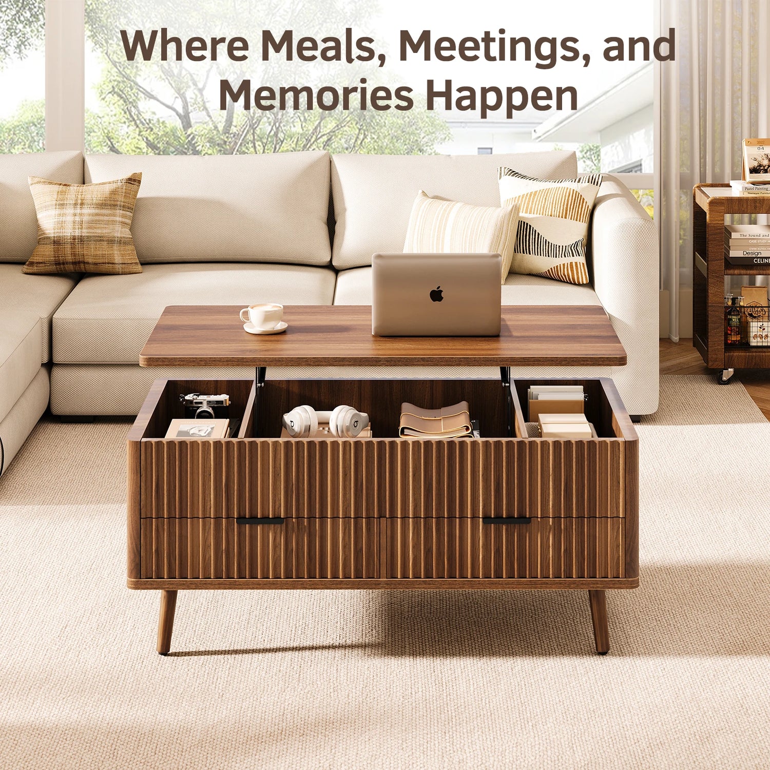 Lift Top Coffee Table with Storage, Wood Coffee Tables for Living Room with Drawers &amp; Hidden Compartment, Mid Century Modern Center Table，Walnut