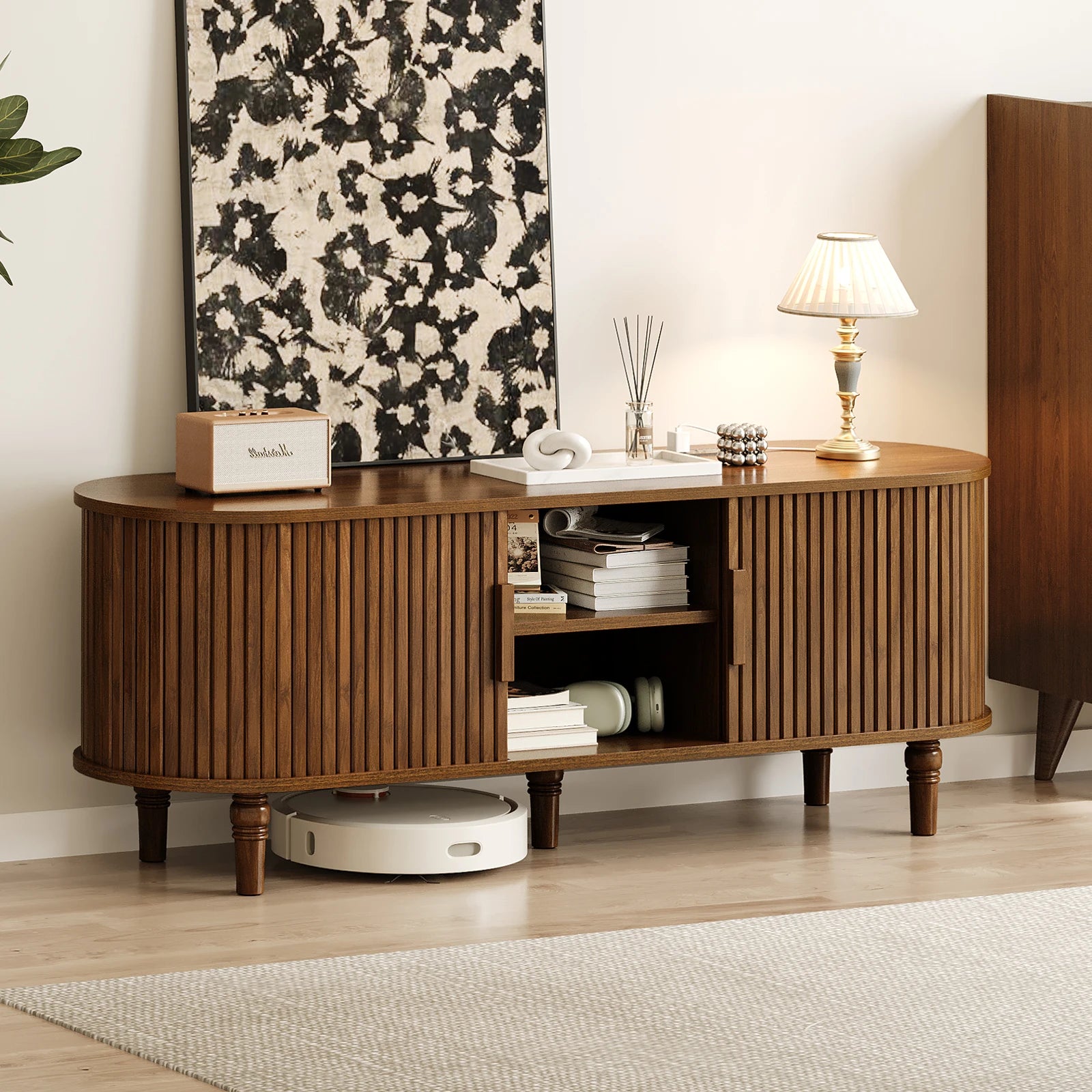CURLA 55" TV Stand with Power Outlet, Entertainment Center with Sliding Tambour Door, Modern TV Stands for Living Room Bedroom, LED Media Console