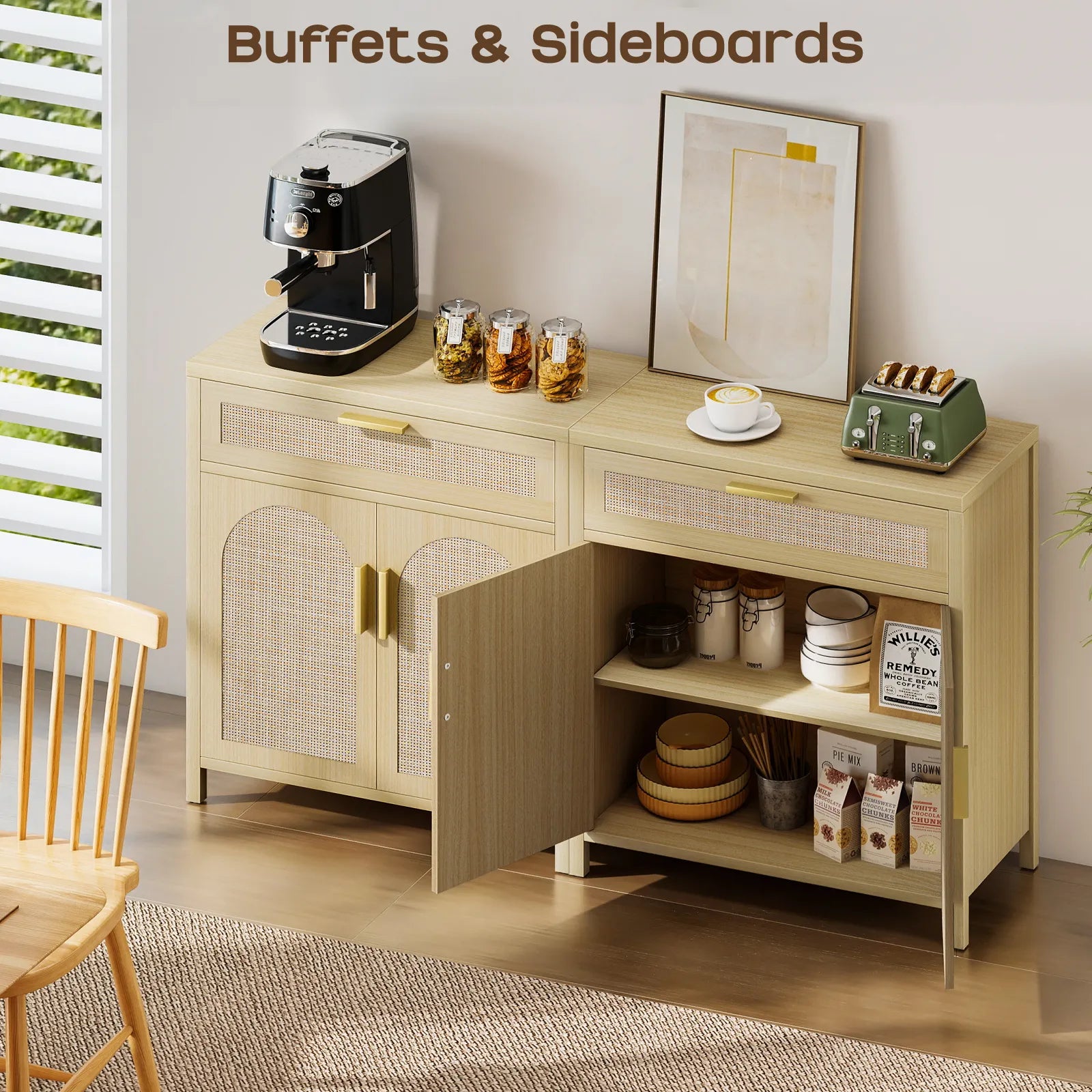 Rattan Buffet Cabinet with Storage, Sideboard Cabinet with Doors and Shelves, Accent Storage Cabinet with Drawers, Wood Coffee Bar for Kitchen