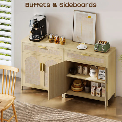 Rattan Buffet Cabinet with Storage, Sideboard Cabinet with Doors and Shelves, Accent Storage Cabinet with Drawers, Wood Coffee Bar for Kitchen