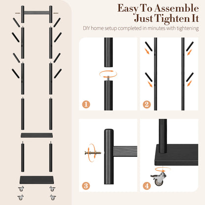 Solid Wood Coat Rack Freestanding, Rolling Clothes Rack with Wheels, Clothing Rack with 8 Hooks &amp; Shelevs, Clothing Racks for Hanging Clothes