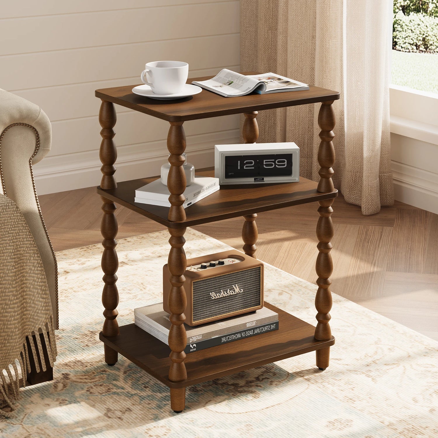 Maliowa Small Side Table with 3-Tier Shelf, Narrow Wood End Table for Small Spaces, Living Room Bedroom