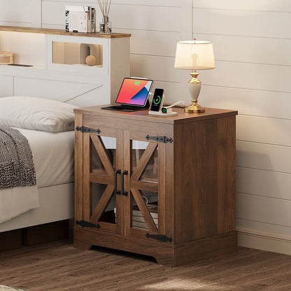 Curlaky Farmhouse Nightstand with Charging Station, Night Stand Side Table with Storage Cabinet, End Table with Adjustable Shelf, Side Tables Bedroom