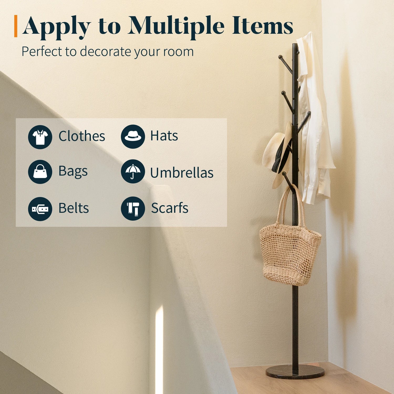 Coat Rack Freestanding with Natural Marble Base, Coat Tree with 8 Hooks, Metal Hall Tree for Jacket, Hat, Bag, Coat Hanger Stand for Entryway