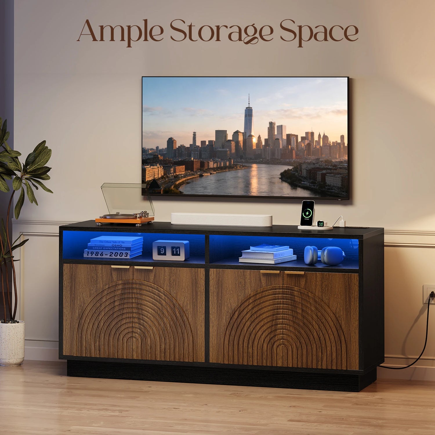CURLA 58" Fluted TV Stand with Power Outlet, LED TV Stands with Storage &amp; Adjustable Shelf, Entertainment Center  for Living Room, Mid Century