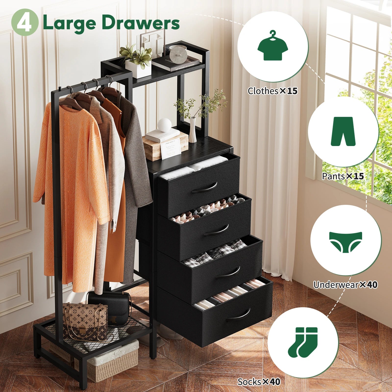 Yoob Small Dresser with Hanging Rack - Small Closet with 4 Fabric Storage Drawers, Chest of Drawer for Bedroom Entryway Dorm