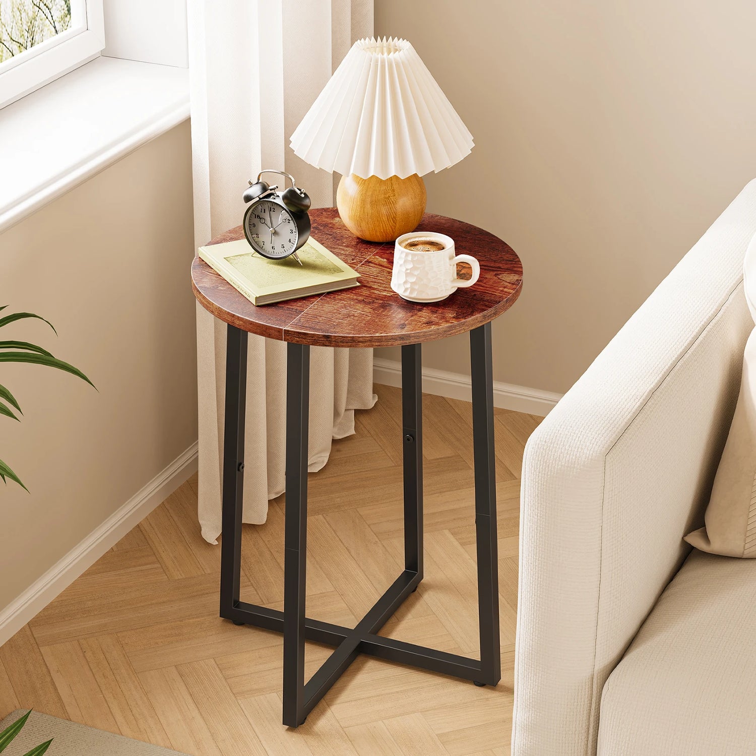 Round Side Table for Small Spaces, Small Table with Metal Legs,Accent End Tables for Living Room Bedroom,Reddish Brown