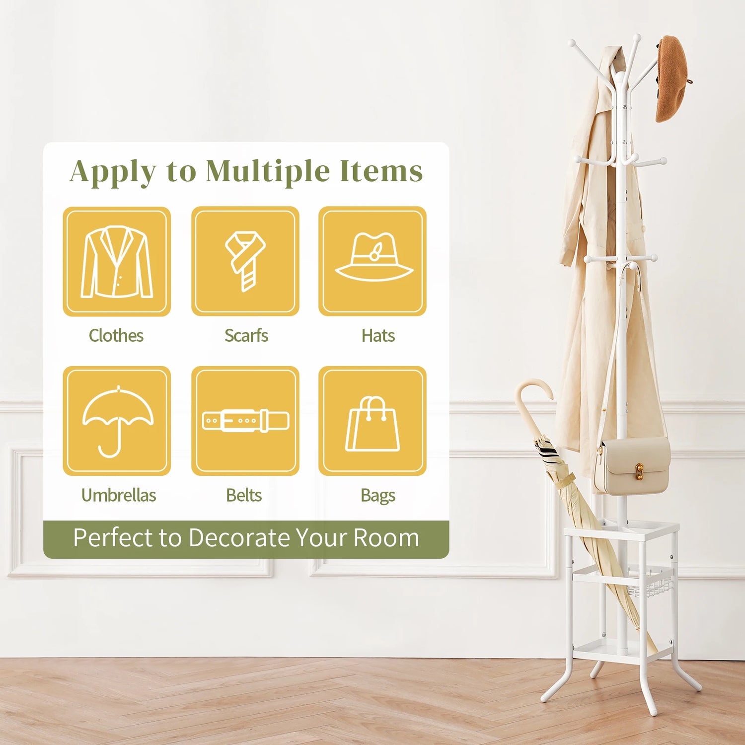 Coat Rack Freestanding, Coat Tree with Umbrella Holder, Metal Coat Rack Stand with 12 Hooks, Hall Tree Purse Rack for Entryway, Living Room