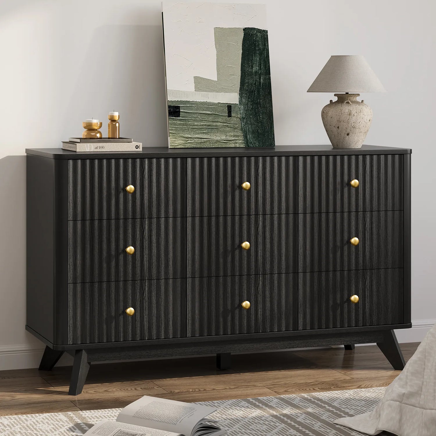 9 Drawer Dresser for Bedroom, Fluted Black Dresser for Storage, 52.8" Wood Dressers &amp; Chests of Drawers for Closet, Living Room, Entryway