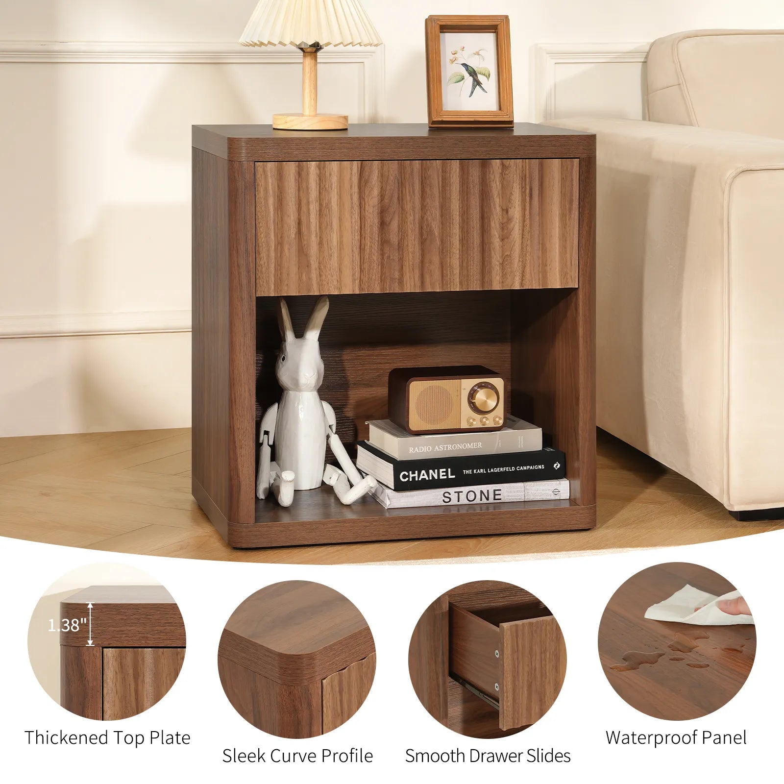 CURLA Fluted Nightstand with Drawer and Storage