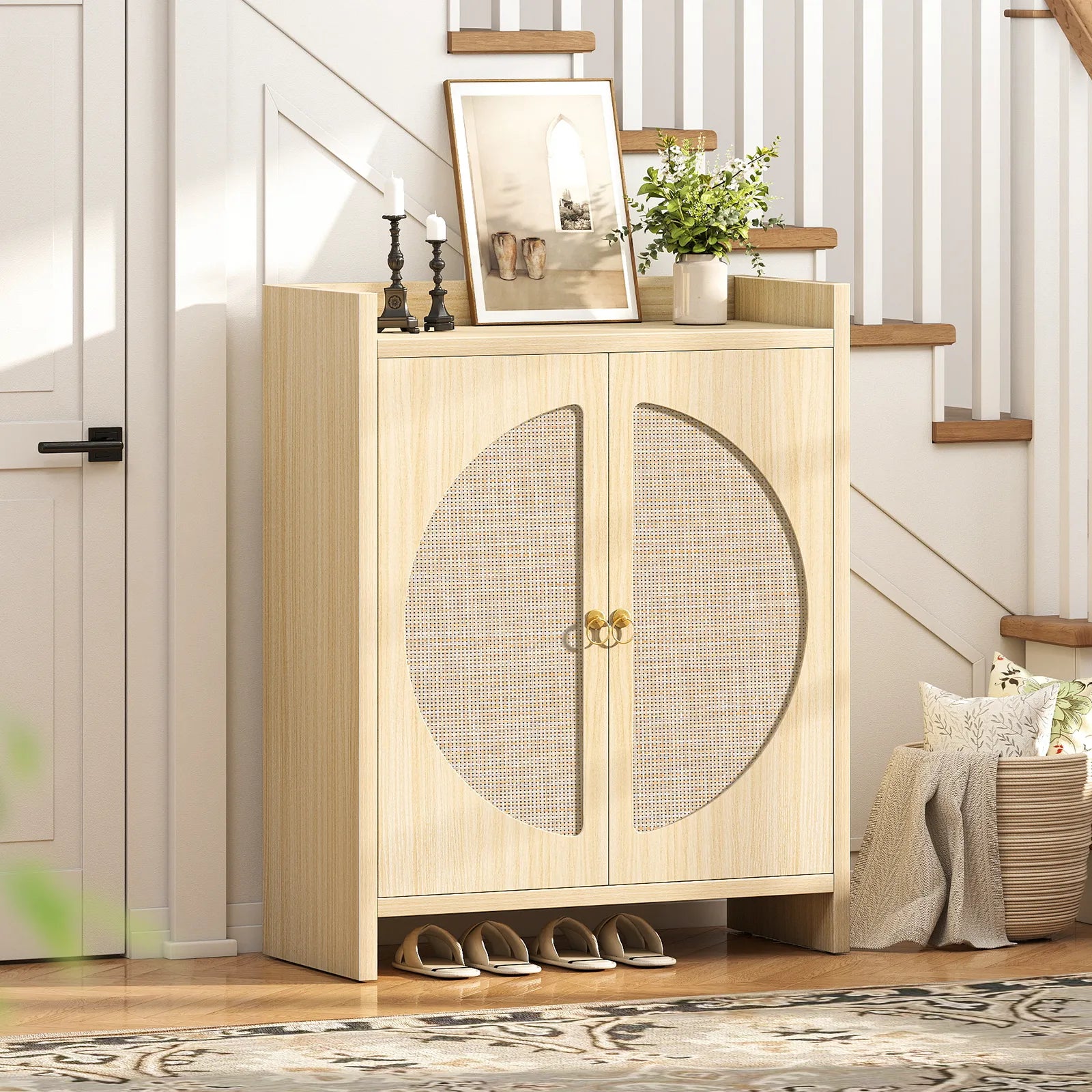 CURLA Rattan Shoe Cabinet Storage for Entryway, Entry Way Shoe Storage Cabinet with Adjustable Shelves, Wood Shoe Organizer Cabinet, Accent Cabinet with Doors for Entrance Hallway Living Room Foyer