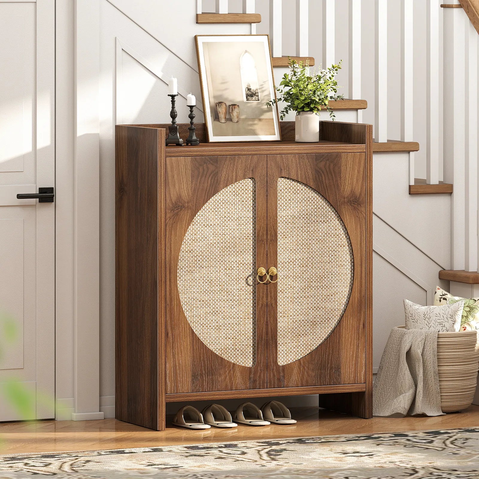 CURLA Rattan Shoe Cabinet Storage for Entryway, Entry Way Shoe Storage Cabinet with Adjustable Shelves, Wood Shoe Organizer Cabinet, Accent Cabinet with Doors for Entrance Hallway Living Room Foyer