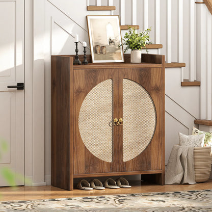 CURLA Rattan Shoe Cabinet Storage for Entryway, Entry Way Shoe Storage Cabinet with Adjustable Shelves, Wood Shoe Organizer Cabinet, Accent Cabinet with Doors for Entrance Hallway Living Room Foyer