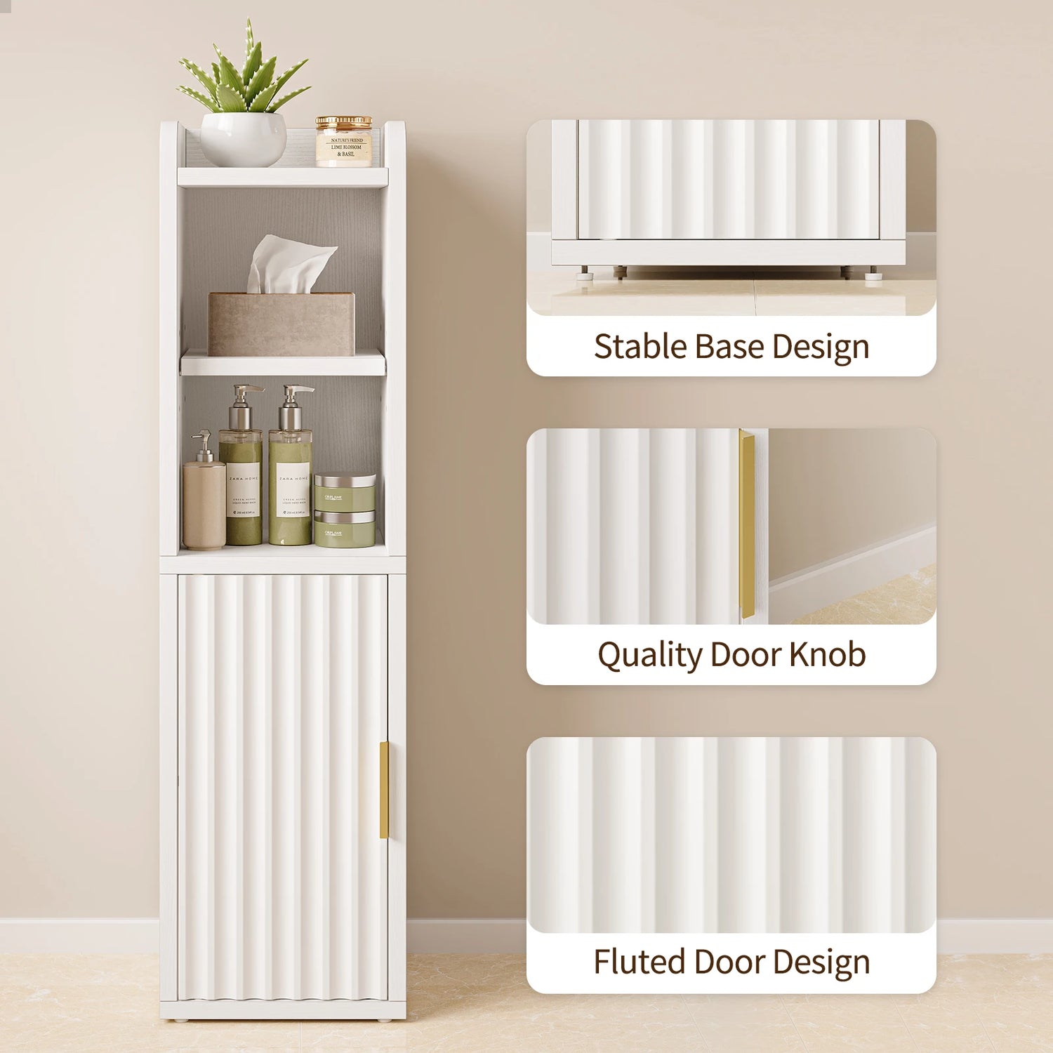 Maliowa Small Bathroom Storage Cabinet, Narrow Bathroom Cabinet with Fluted Door&amp;Adjustable Shelf, Wood Toilet Paper Storage Cabinets for Small Space