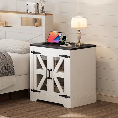 Curlaky Farmhouse Nightstand with Charging Station, Night Stand Side Table with Storage Cabinet, End Table with Adjustable Shelf, Side Tables Bedroom