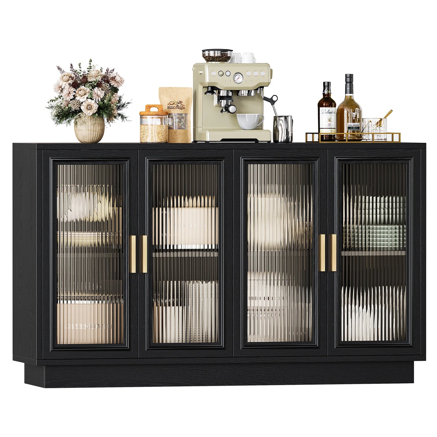 CURLA 55.1" Sideboard Buffet Cabinet with Storage,  Wood Kitchen Cabinet with 4 Fluted Doors, Large Buffet Table, Credenza Coffee Bar for Dining Living Room