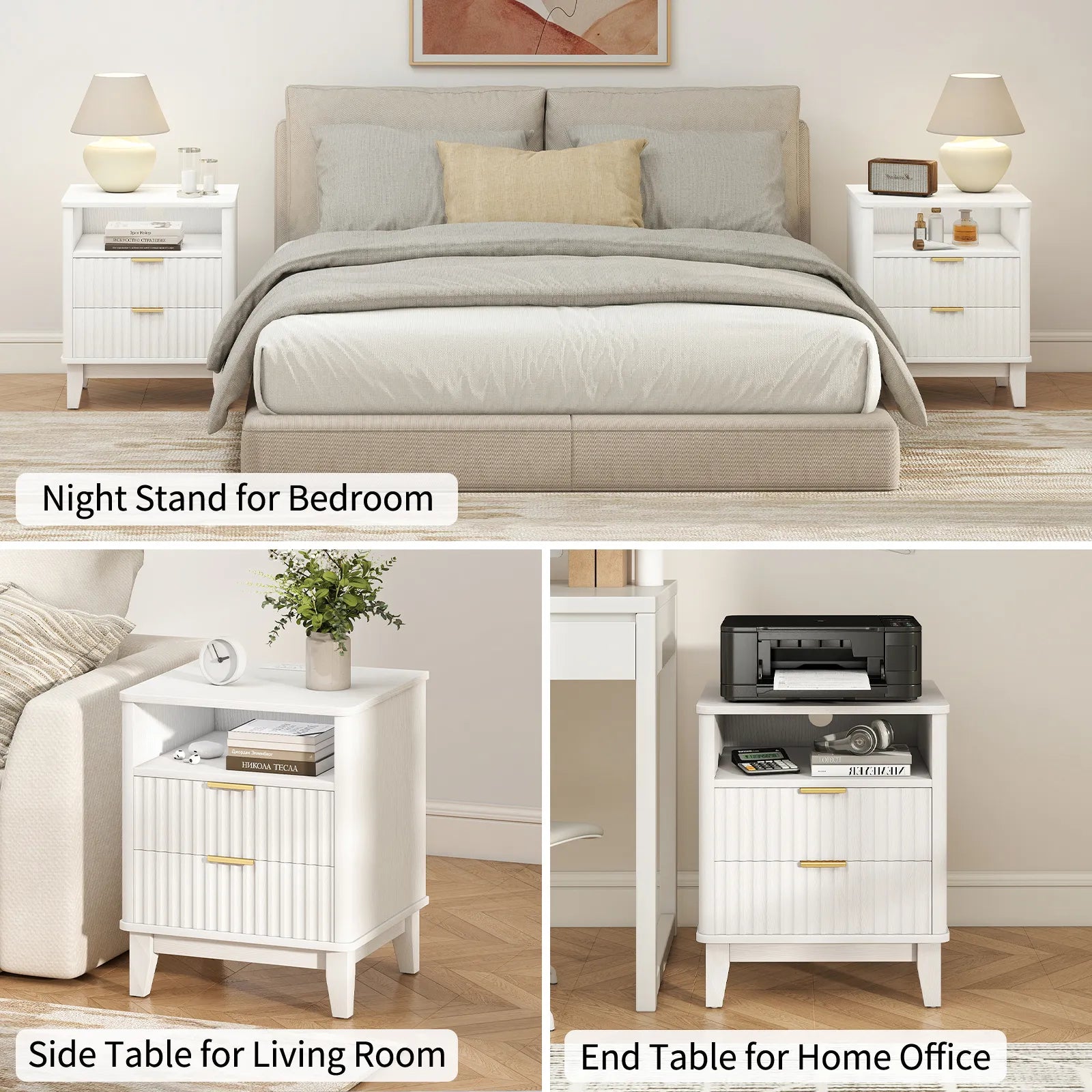 Night Stand with Charger Station, Fluted Nightstand with 2 Drawers and Storage Shelf, Mid Century Modern End Table for Bedroom Living Room