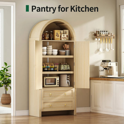 71" Tall Arched Kitchen Pantry Storage Cabinet, Food Pantry Cabinet Bookshelf with 2 Drawers, Wood Storage Cabinets with Door for Dining Room, Living Room