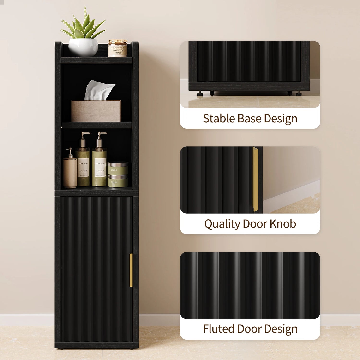Maliowa Small Bathroom Storage Cabinet, Narrow Bathroom Cabinet with Fluted Door&amp;Adjustable Shelf, Wood Toilet Paper Storage Cabinets for Small Space