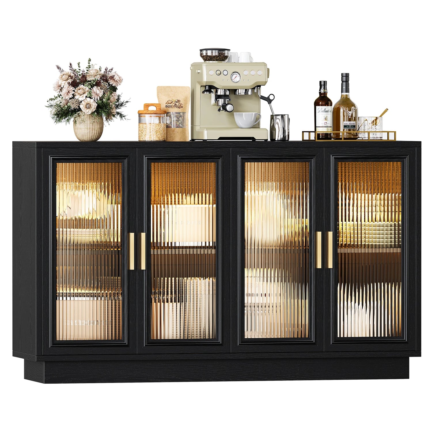 CURLA 55.1" Sideboard Buffet Cabinet with Storage,  Wood Kitchen Cabinet with 4 Fluted Doors, Large Buffet Table, Credenza Coffee Bar for Dining Living Room