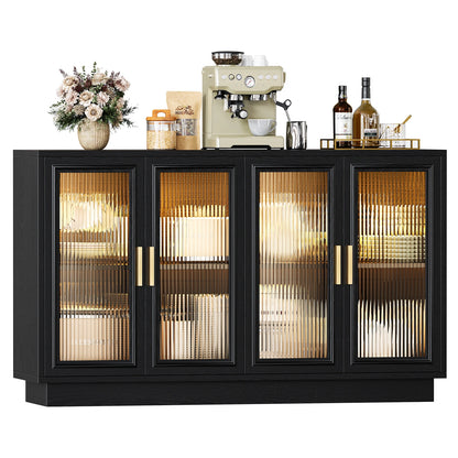 CURLA 55.1" Sideboard Buffet Cabinet with Storage,  Wood Kitchen Cabinet with 4 Fluted Doors, Large Buffet Table, Credenza Coffee Bar for Dining Living Room