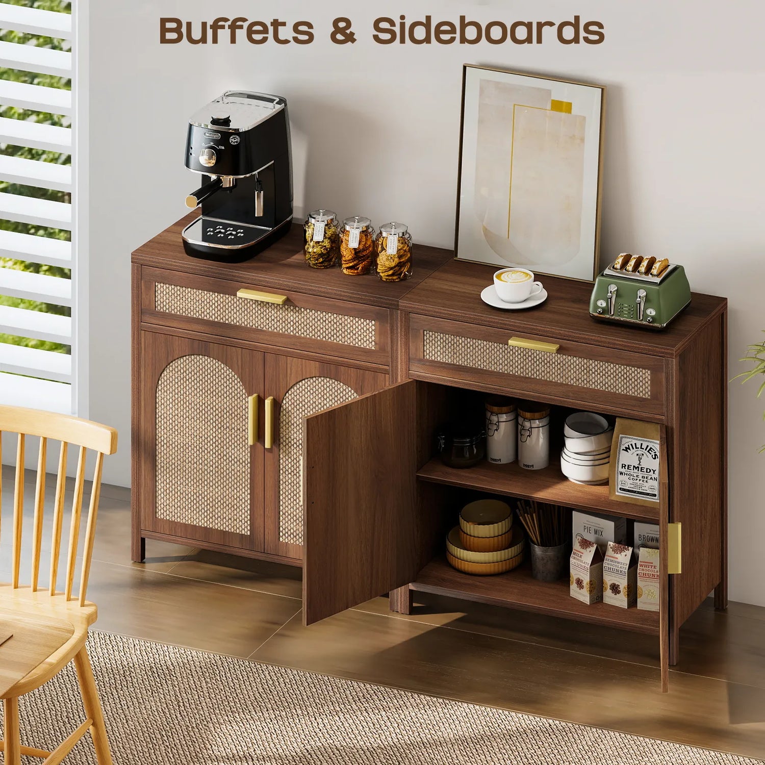 Rattan Buffet Cabinet with Storage, Sideboard Cabinet with Doors and Shelves, Accent Storage Cabinet with Drawers, Wood Coffee Bar for Kitchen
