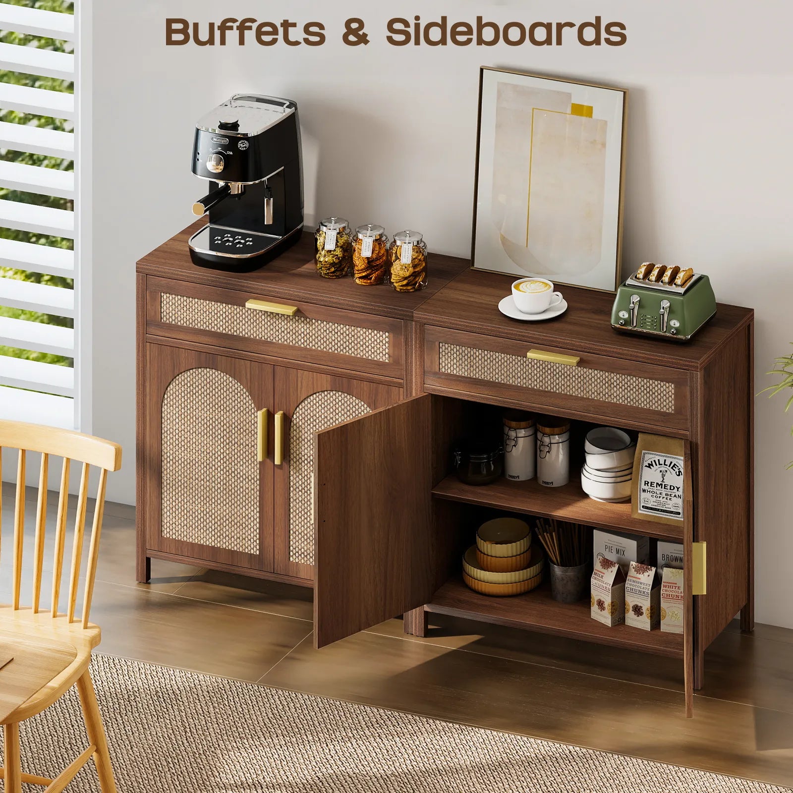 Rattan Buffet Cabinet with Storage, Sideboard Cabinet with Doors and Shelves, Accent Storage Cabinet with Drawers, Wood Coffee Bar for Kitchen